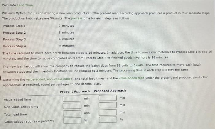 Calculate Lead Time Williams Optical Inc Is Considering A New Lean Product Cell The Present Manufacturing Approach Pro 1