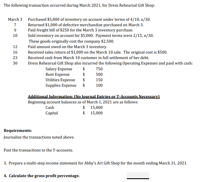 The Following Transaction Occurred During March 2021 For Dress Rehearsal Gift Shop March 3 Purchased 5 000 Of Invento 1
