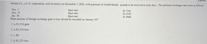 Punts Norton Co A U S Corporation Sold Inventory On December 1 2022 With Payment Of 10 000 British Pounds To Be Re 1