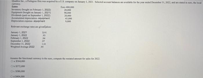 Quadros Inc A Portugese Firm Was Acquired By A U S Company On January 1 2021 Selected Account Balances Are Availabl 1