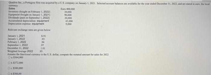 Quadros Inc A Portugese Firm Was Acquired By A U S Company On January 1 2021 Selected Account Balances Are Availabl 1