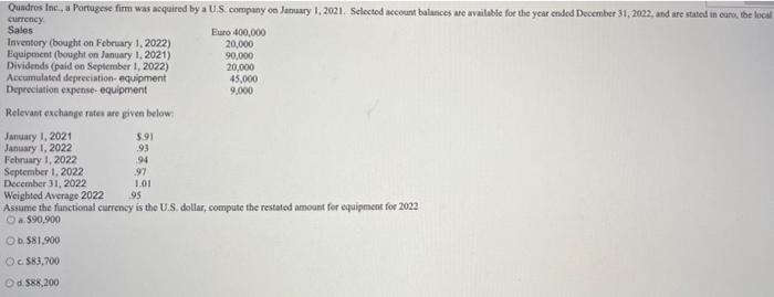 Quadros Inc A Portugese Firm Was Acquired By A Us Company On January 1 2021 Selected Account Balances Are Available 1