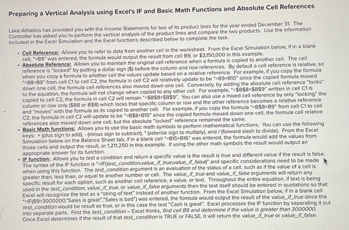 Preparing A Vertical Analysis Using Excel S If And Basic Math Functions And Absolute Cell References Lake Athletics Has 1