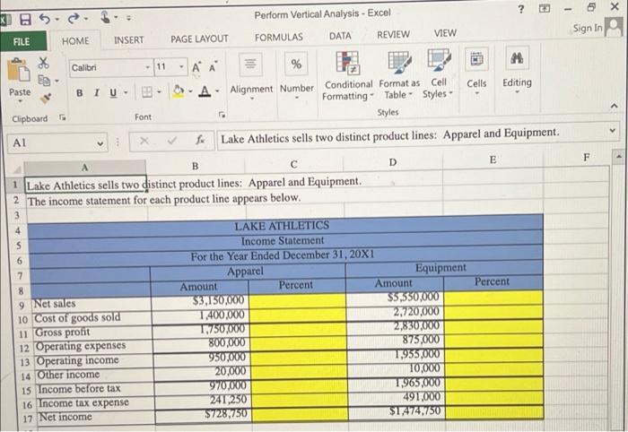 Preparing A Vertical Analysis Using Excel S If And Basic Math Functions And Absolute Cell References Lake Athletics Has 2