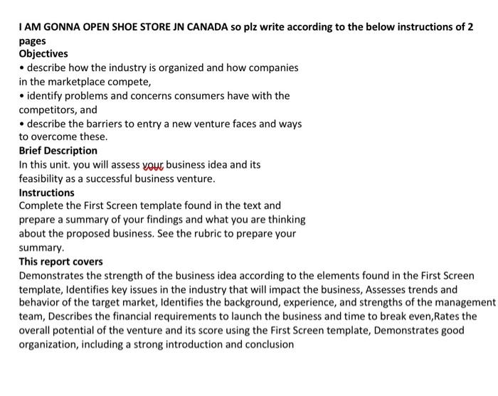 I Am Gonna Open Shoe Store Jn Canada So Plz Write According To The Below Instructions Of 2 Pages Objectives Describe H 1