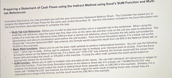 Preparing A Statement Of Cash Flows Using The Indirect Method Using Excel S Sum Function And Multi Tab References Innov 1