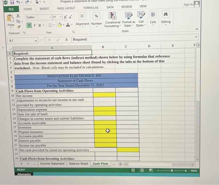 Preparing A Statement Of Cash Flows Using The Indirect Method Using Excel S Sum Function And Multi Tab References Innov 2