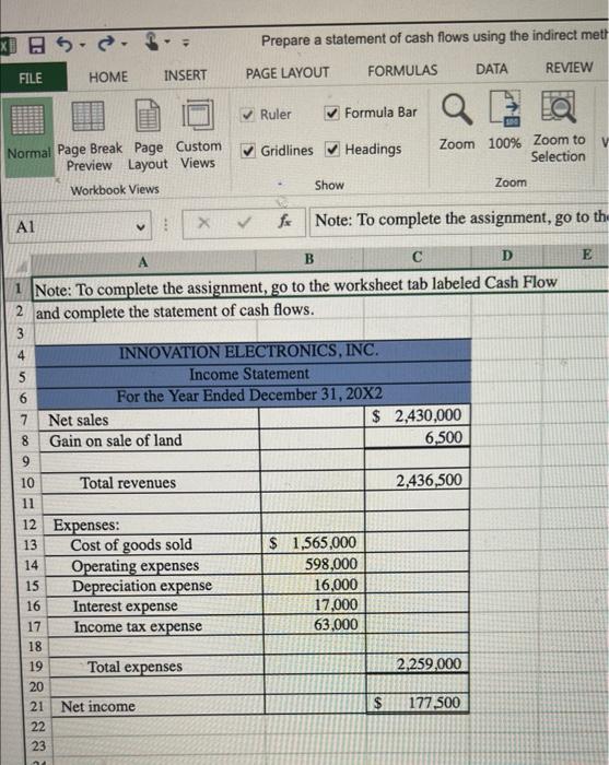 Preparing A Statement Of Cash Flows Using The Indirect Method Using Excel S Sum Function And Multi Tab References Innov 4