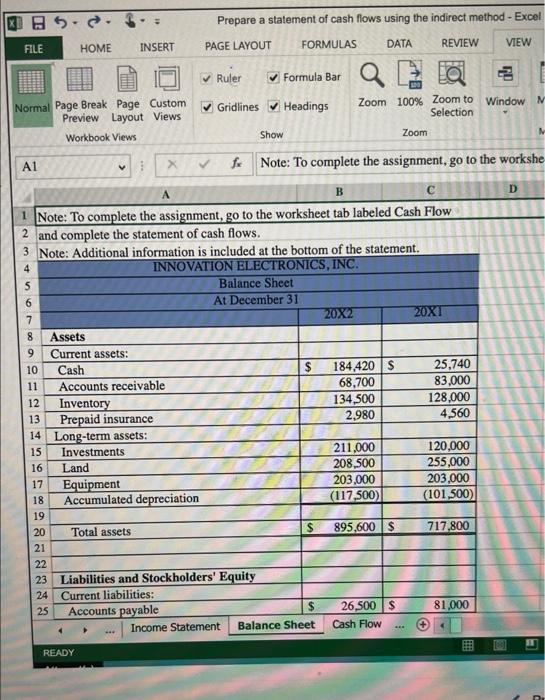 Preparing A Statement Of Cash Flows Using The Indirect Method Using Excel S Sum Function And Multi Tab References Innov 6