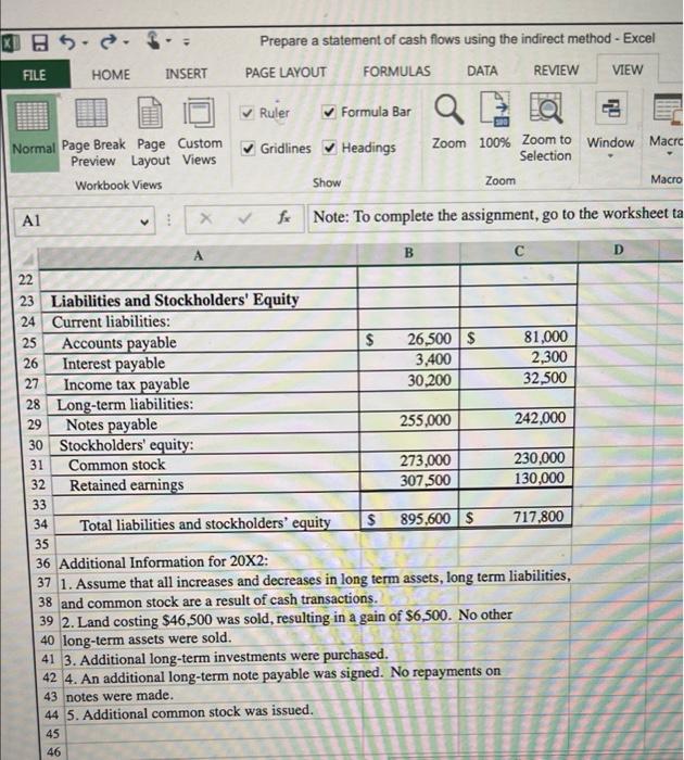 Preparing A Statement Of Cash Flows Using The Indirect Method Using Excel S Sum Function And Multi Tab References Innov 7