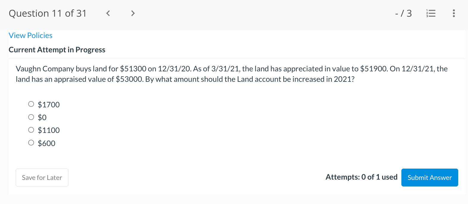 Question 11 Of 31 3 View Policies Current Attempt In Progress Vaughn Company Buys Land For 51300 On 12 31 20 As Of 1