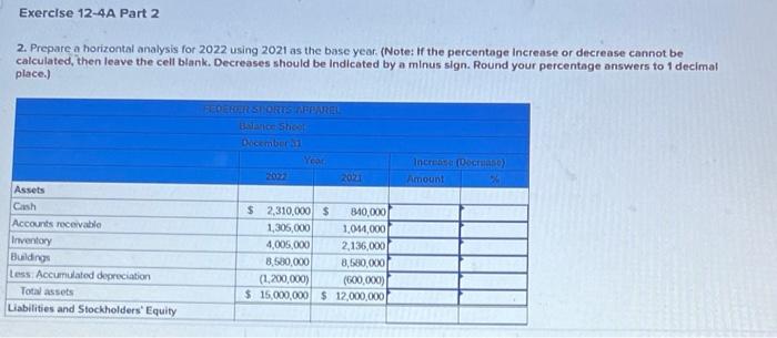 Exercise 12 4a Part 2 2 Prepare A Horizontal Analysis For 2022 Using 2021 As The Base Year Note If The Percentage In 1