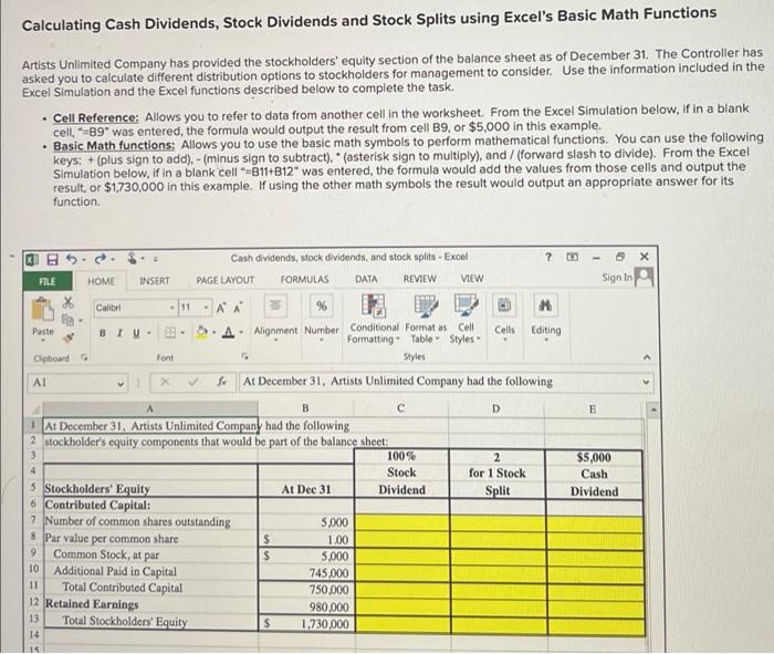Calculating Cash Dividends Stock Dividends And Stock Splits Using Excel S Basic Math Functions Artists Unlimited Compan 1