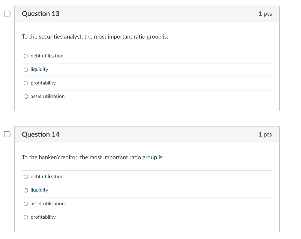Question 13 To The Securities Analyst The Most Important Ratio Group Is O Debt Utilization O Liquidity O Profitability 1