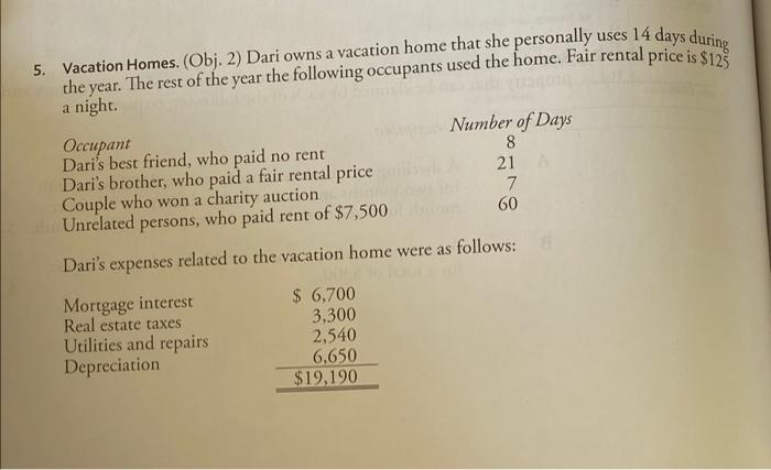 5 Vacation Homes Obj 2 Dari Owns A Vacation Home That She Personally Uses 14 Days During The Year The Rest Of The 1