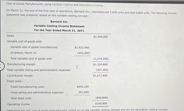 Cost Of Goods Manufactured Using Variable Costing And Absorption Costing On March 31 The End Of The First Year Of Oper 1