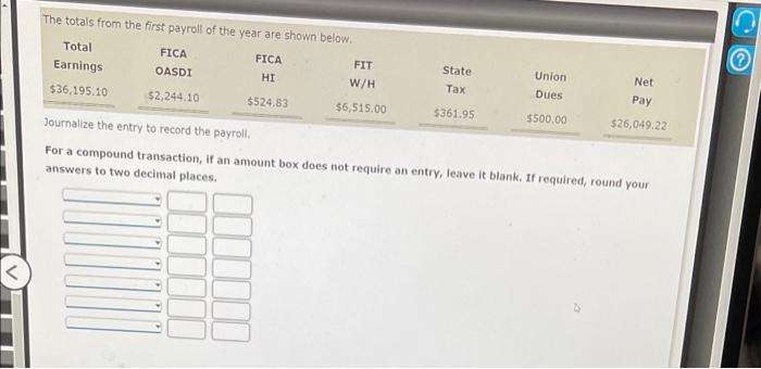 The Totals From The First Payroll Of The Year Are Shown Below Total Fica Fica Fit State Union Net Earnings Oasdi Hi W H 1