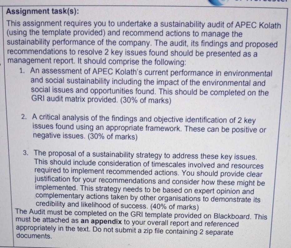 Assignment Task S This Assignment Requires You To Undertake A Sustainability Audit Of Apec Kolath Using The Template 1