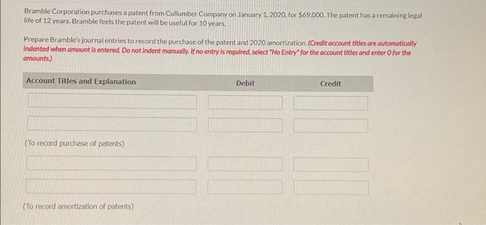 Bramble Corporation Purchases A Patent From Cullumber Company On January 1 2020 For 69 000 The Patent Has A Remainin 1