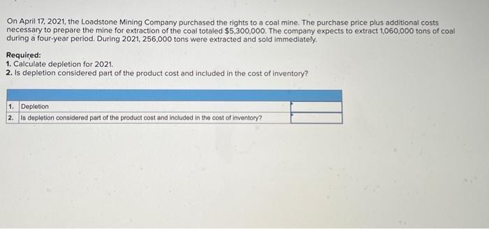 On April 17 2021 The Loadstone Mining Company Purchased The Rights To A Coal Mine The Purchase Price Plus Additional 1