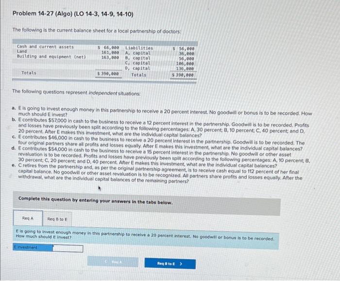 Problem 14 27 Algo Lo 14 3 14 9 14 10 The Following Is The Current Balance Sheet For A Local Partnership Of Doctor 1