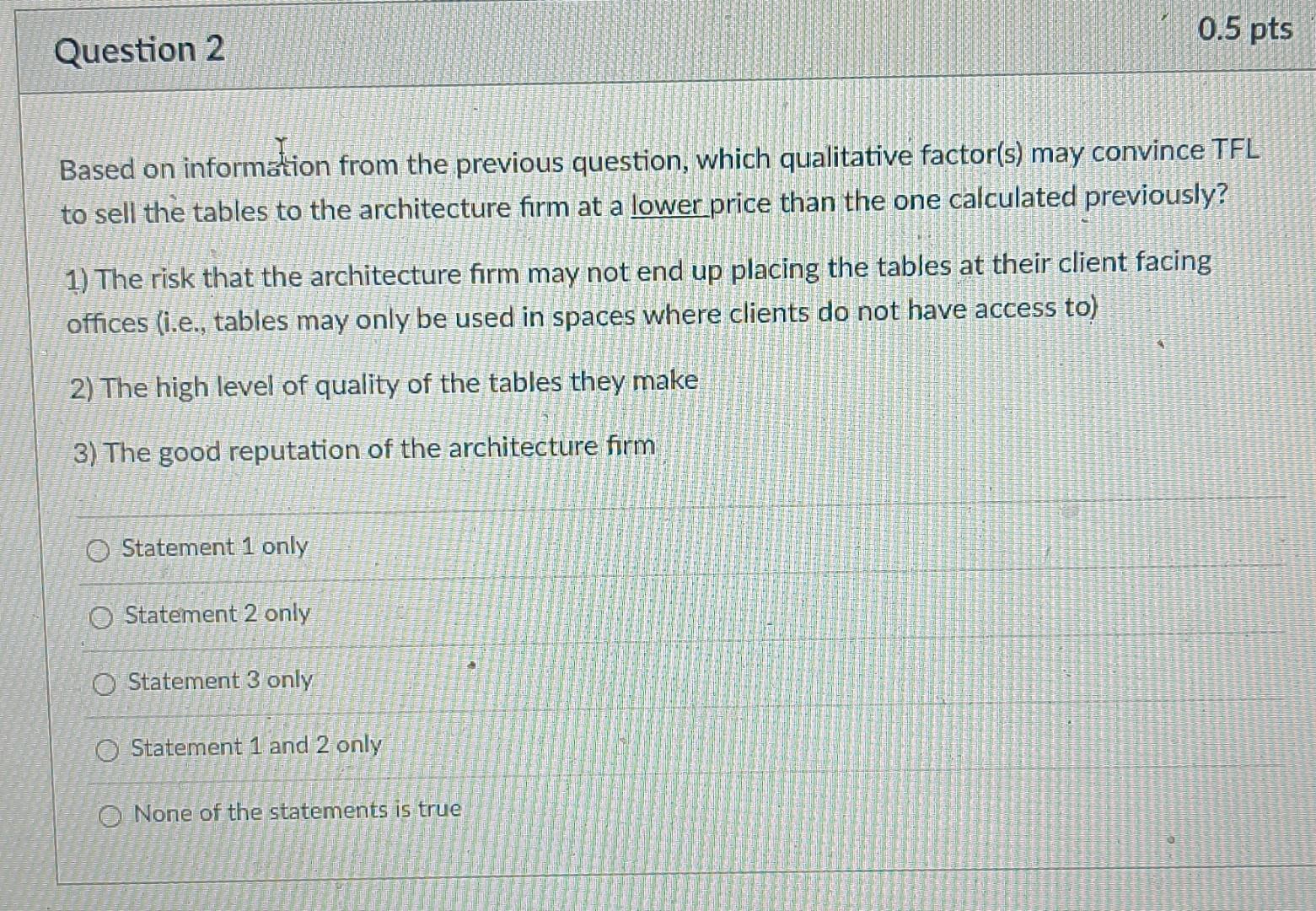 Question 2 0 5 Pts Based On Information From The Previous Question Which Qualitative Factor S May Convince Tfl To Sell 1
