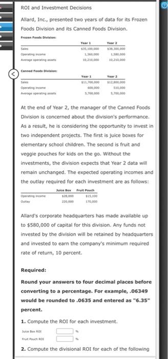 Roi And Investment Decisions Allard Inc Presented Two Years Of Data For Its Frozen Foods Division And Its Canned Food 1