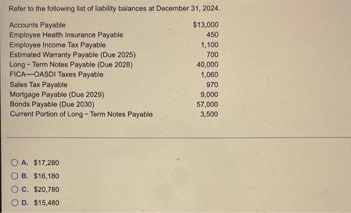 Refer To The Following List Of Liability Balances At December 31 2024 Accounts Payable 13 000 450 Employee Health Ins 1