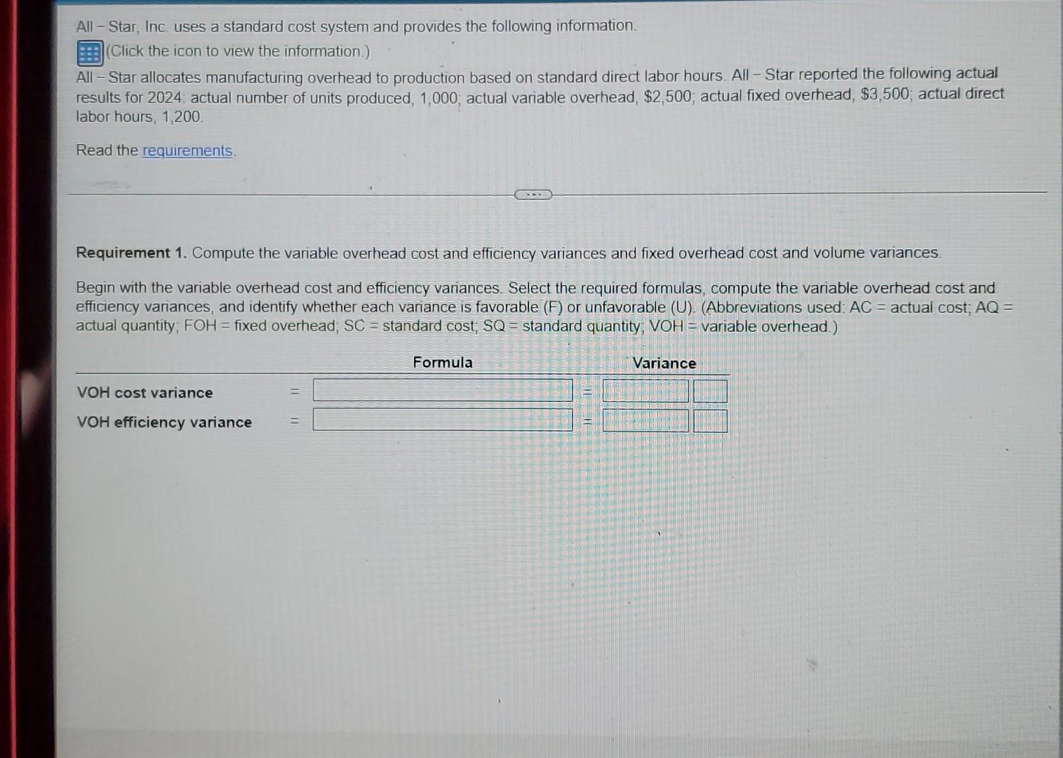 All Star Inc Uses A Standard Cost System And Provides The Following Information Click The Icon To View The Informati 1