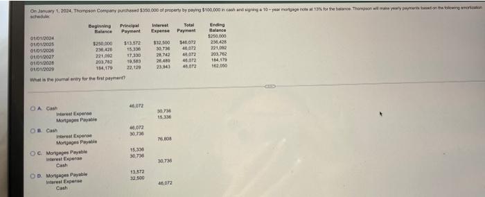On January 1 2024 Thompson Company Purchased 350 000 Of Property By Paying 100 000 In Cash And Signing A 10 Year Mor 1