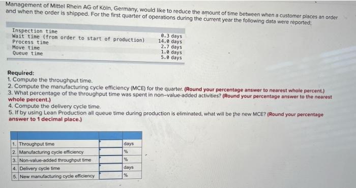 Management Of Mittel Rhein Ag Of Koln Germany Would Like To Reduce The Amount Of Time Between When A Customer Places A 1