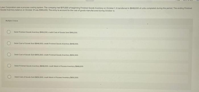 Luker Corporation Uses A Process Costing System The Company Had 171 500 Of Beginning Finished Goods Inventory On Octob 1
