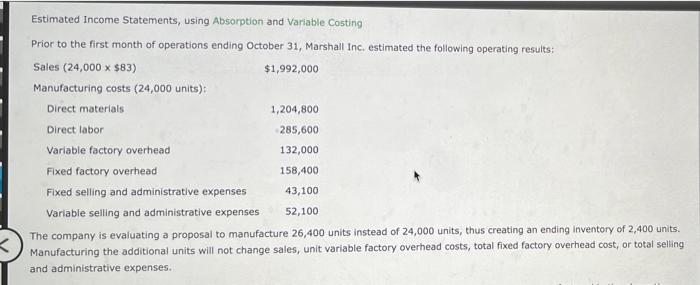 Estimated Income Statements Using Absorption And Variable Costing Prior To The First Month Of Operations Ending October 1