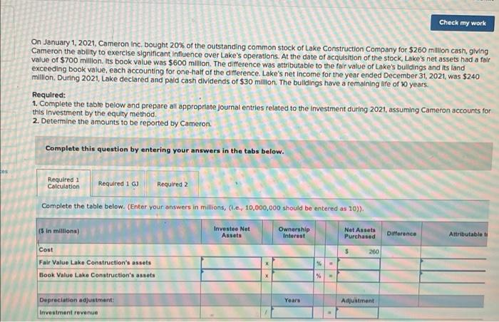 Check My Work On January 1 2021 Cameron Inc Bought 20 Of The Outstanding Common Stock Of Lake Construction Company F 1
