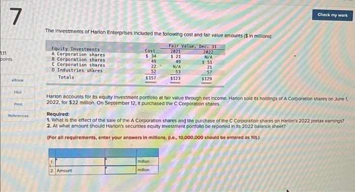 Check My Work On January 1 2021 Cameron Inc Bought 20 Of The Outstanding Common Stock Of Lake Construction Company F 2