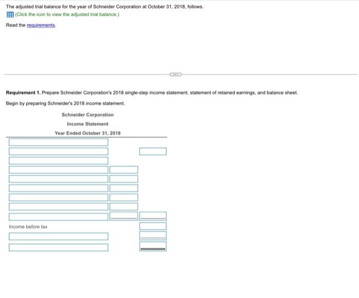 The Adjusted Trial Balance For The Year Of Schneider Corporation At October 31 2018 Follows Click The Icon To View T 1