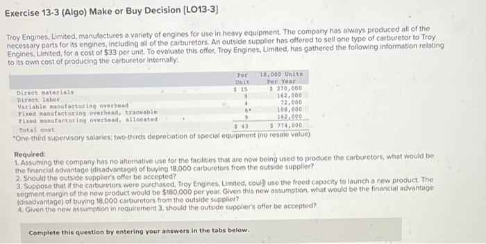 Exercise 13 3 Algo Make Or Buy Decision Lo13 3 Troy Engines Limited Manufactures A Variety Of Engines For Use In H 1