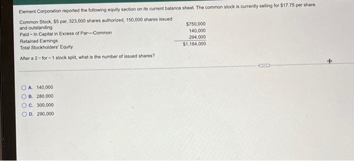 Element Corporation Reported The Following Equity Section On Its Current Balance Sheet The Common Stock Is Currently Se 1