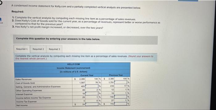 A Condensed Income Statement For Kelly Com And A Partially Completed Vertical Analysis Are Presented Below Required 1 1
