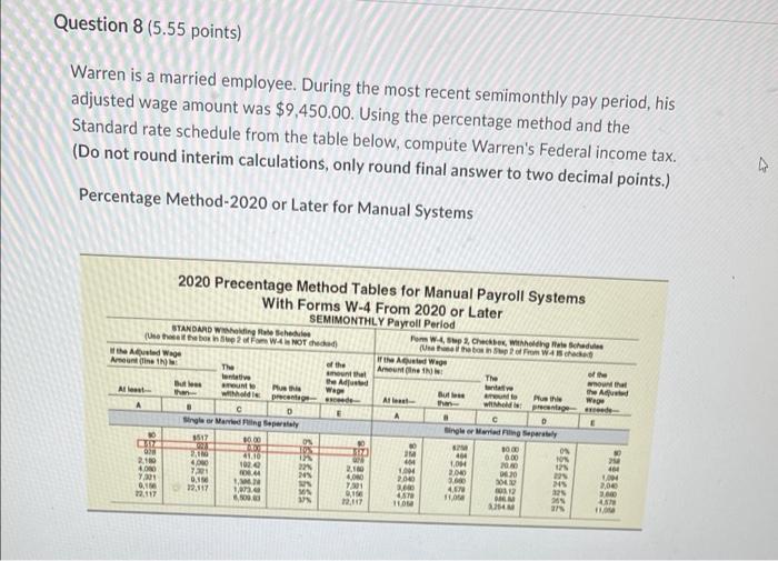 Question 8 5 55 Points Warren Is A Married Employee During The Most Recent Semimonthly Pay Period His Adjusted Wage 1