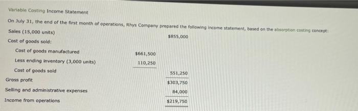 Variable Costing Income Statement On July 31 The End Of The First Month Of Operations Rhys Company Prepared The Follow 1
