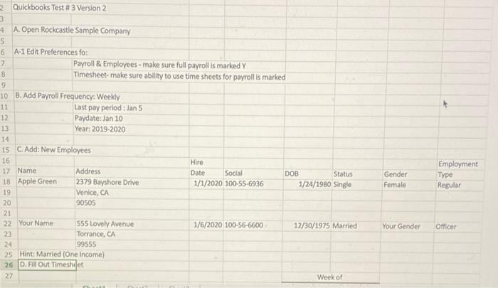 2 Quickbooks Test 3 Version 2 3 4 A Open Rockcastle Sample Company 5 6 A 1 Edit Preferences Fo 7 Payroll Employees 1