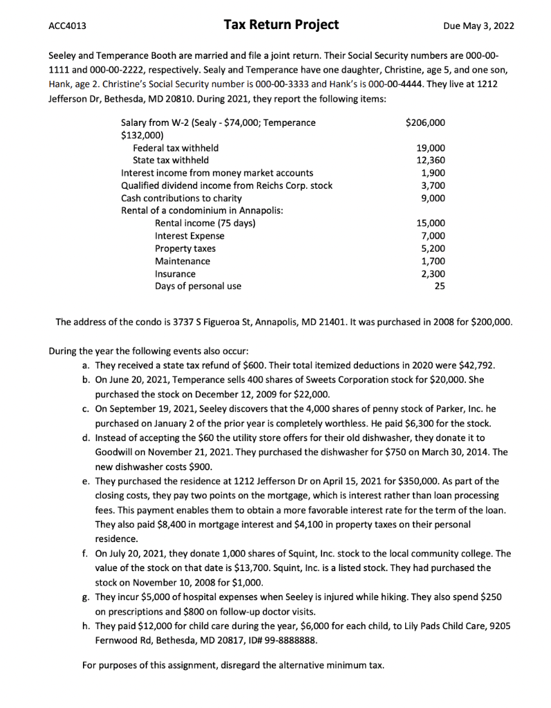 Acc4013 Tax Return Project Due May 3 2022 Seeley And Temperance Booth Are Married And File A Joint Return Their Social 1