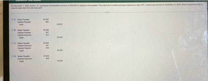 On November 1 2025 Ashton The Purchased Merchandise Inventory For 32 000 By Signing A Note Payable The Note Is For 1