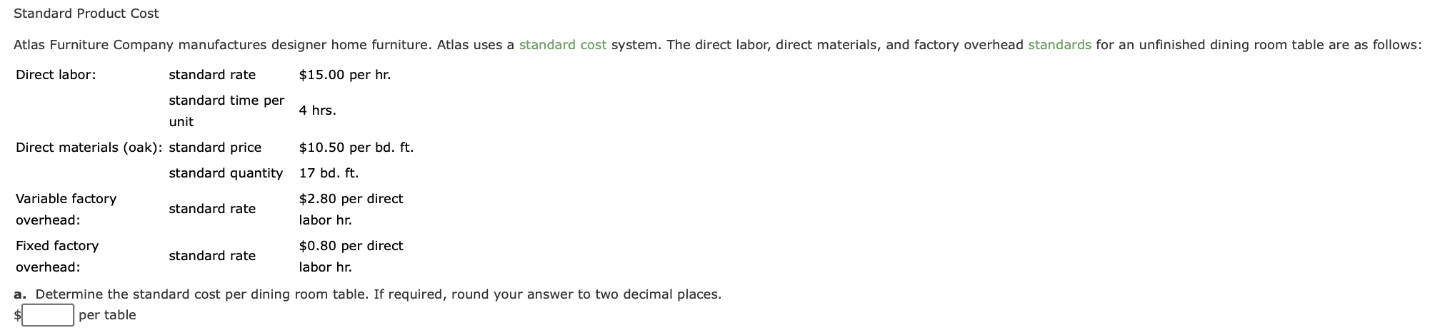 Standard Product Cost Atlas Furniture Company Manufactures Designer Home Furniture Atlas Uses A Standard Cost System T 1