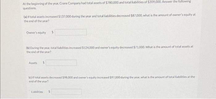 At The Beginning Of The Year Crane Company Had Total Assets Of 780 000 And Total Liabilities Of 209 000 Answer The F 1