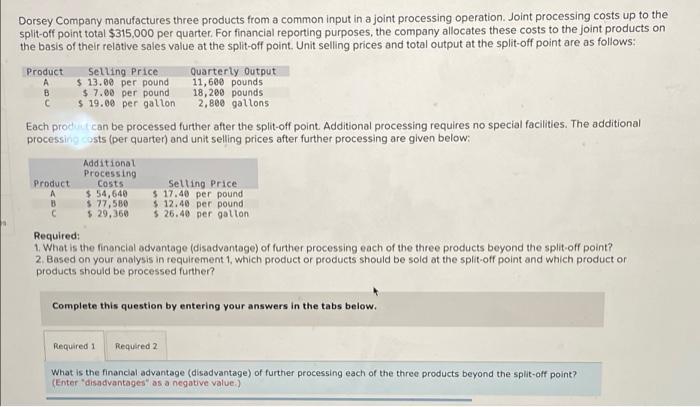Dorsey Company Manufactures Three Products From A Common Input In A Joint Processing Operation Joint Processing Costs U 1