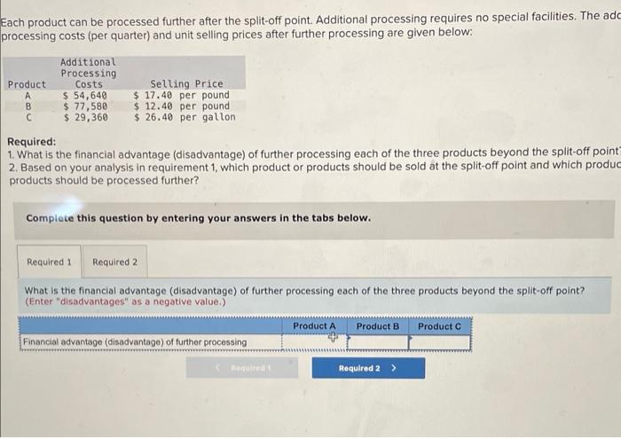 Dorsey Company Manufactures Three Products From A Common Input In A Joint Processing Operation Joint Processing Costs U 2