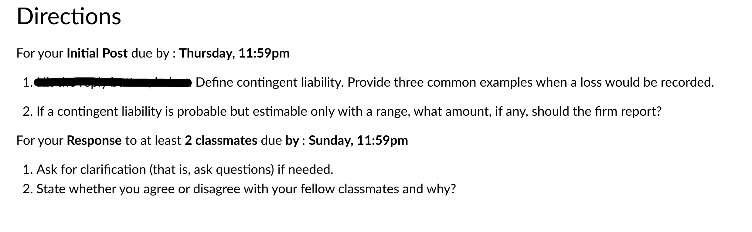Directions For Your Initial Post Due By Thursday 11 59pm 1 Define Contingent Liability Provide Three Common Examples 1