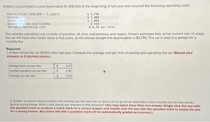 Kristen Lu Purchased A Used Automobile For 18 950 At The Beginning Of Last Year And Incurred The Following Operating Co 1